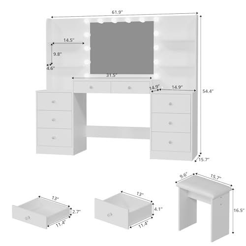 VOWNER Large Vanity Desk with Lighted Mirror &Power Outlet & Soft Stool, Makeup Vanity with 8 Drawers, 6 Open Shelves, Makeup Table for Women,Bedroom Dressing Table with Mirror, White