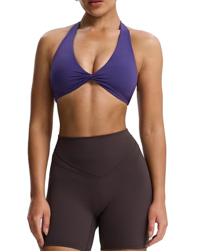 Image of Aoxjox Women's Rosie Halter Sports Bra | halter neck, removable padding, medium impact, workout top, fitness yoga crop tank, gym essential