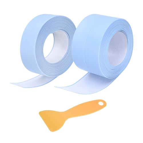 Image of uxcell 2 Rolls Caulk Tape, 1.5 inch x 10.5Ft & 0.9 inch x 10.5Ft PVC Waterproof Self-Adhesive Sealing Tape for Kitchen Bathroom Toilet Sink Floor Corner Edge with Sealing Tool, Blue
