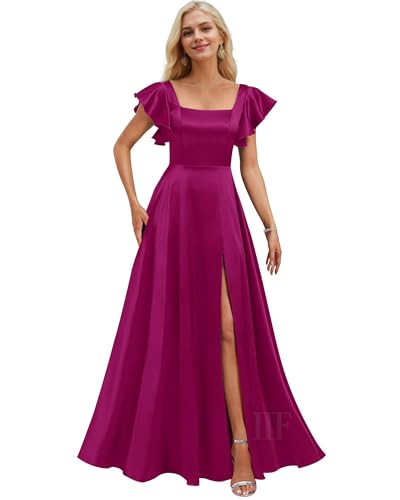 Image of IIF Short Sleeve Bridesmaid Dresses with Pockets Square Neck A-Line Satin Prom Gown Dress for Women with Slit IIF134