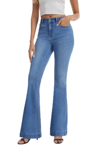 FLYING BANANA Women's Curvy Stretchy Bootcut Flare Wide Hem Denim Jeans (Light Blue, 4 Short)