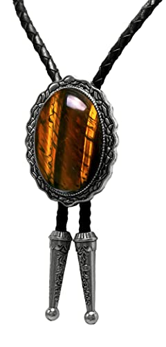 Image of Moranse Bolo Tie with Natural Tiger Eye Stone Celtic Style Genuine and Cowhide Rope