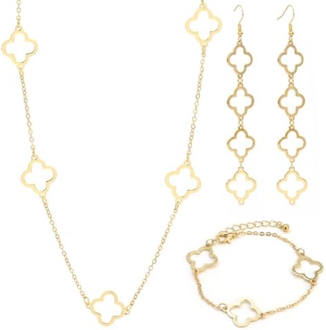 Parure Plaqué Or 18 Carats Parure Bijoux Trèfle 4 Feuilles - Acier Inoxydable Plaqué Or 18k - Collier & Boucles D'Oreilles - Porte-Bonheur Bijoux Acier Inoxydable Plaqué Or