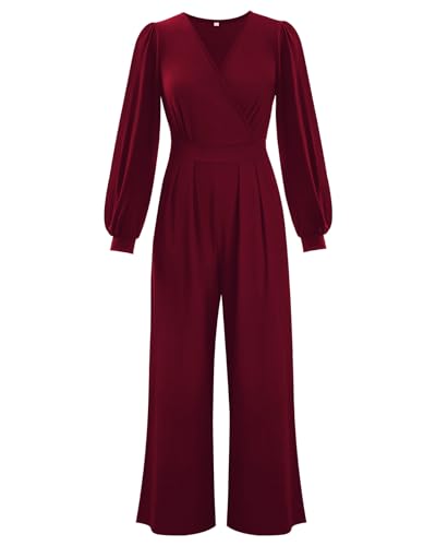 Tanmolo Damen Lang Jumpsuit Langarm V-Ausschnitt Overall Elegant Hosenanzug Weites Bein Romper Mit Taschen Weinrot M