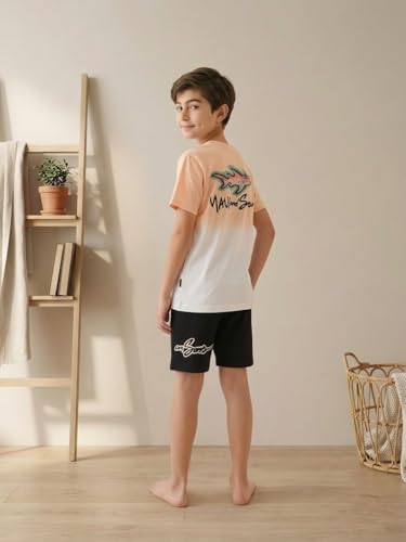 Image of Li'l Tomatoes Boys 100% Cotton Night Suit Set | Half Sleeve T-Shirt & Shorts | Color Block & Typography Print | Soft & Breathable Sleepwear | Casual Summer Wear | 9-16 Years