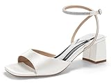 Coutgo Womens Heeled Sandals Rhinestone Chunky Low Heels Satin Square Toe One Strap Ankle Buckle Dress Shoes, White, Size 9