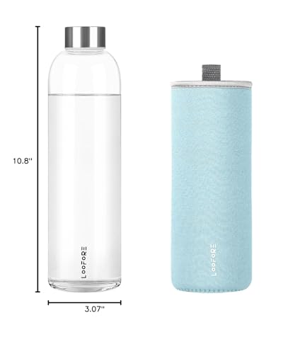 Glass Water Bottles 32 oz, LOOFORE 1 liter Glass Drinking Bottles with Lids, Large Reusable Borosilicate Glass Water Bottle for School Home Office Travel Sport Yoga Gym, 1 Pack (Light Blue, 32 Ounces)