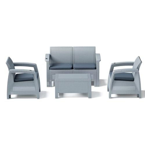 مجموعة كنبة خارجية | 4 مقاعد | راتان بلاستيكي متين | خفيف الوزن وقابل للنقل | تتضمن طاولة قهوة (رمادي فضي)