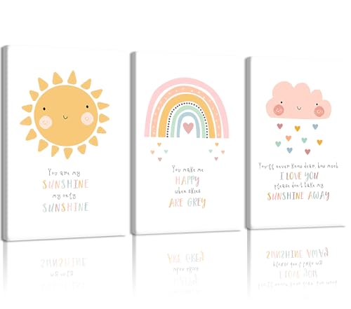 NCCXNCC 3Pcs Children's Room Canvas Wall Art Cute Sun Rainbow Cloud Painting Pastel Baby Room Wall Decoration Artwork Simple Children's Room Poster Print Suitable for Nursery Bedroom 12x16Inch Framed