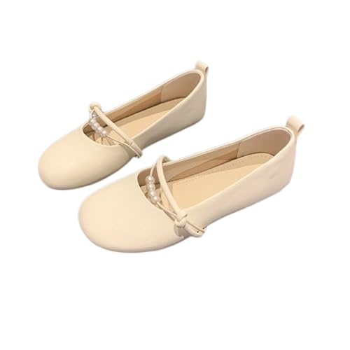 Aesthetic Elegant Pearl Strap Mary Jane Ballet Flats Slip on Soft Sole Round Toe Non-Slip Comfort Dress Shoes for Women
