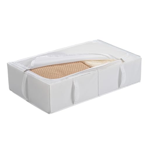 TYEERS Unterbett Aufbewahrungsbox mit Deckel, Strapazierfähiger Stoff, Waschbar, Zusammenklappbar, Boxen Aufbewahrung für Kleidung, Decken, Bettwäsche, Schuhe, 70x42x18 cm, 2er-Pack, Weiß