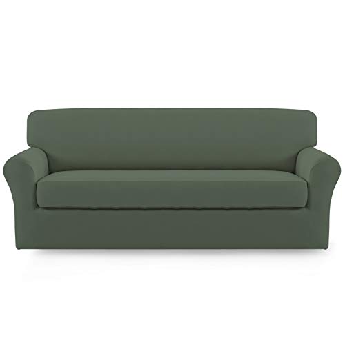 Image of Easy-Going 2 Pieces Stretch Couch Sofa Slipcover Washable | Spandex Soft Fitted Sofa Couch Cover for Sofa Furniture Protector with Bottom Kids,Pet Dog Greyish Green