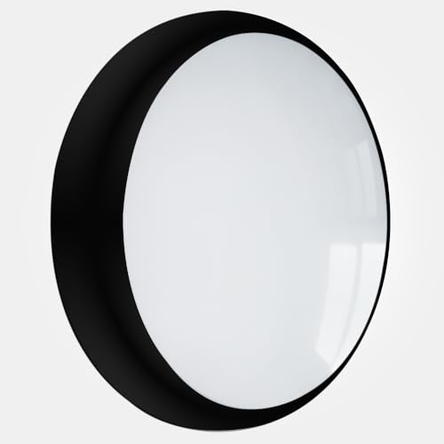 LED 2D Matte Black Bulkhead 18W Round IP65 CCT Selectable Tri Colour Ceiling & Wall Light in Black Standard, Microwave Sensor + Emergency