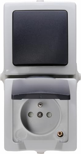 Kopp 136856005 Kombination senkrecht aus-/Wechselschalter und Mitten-Schutzkontakt-Steckdose, AP-FR Nautic Grau, 1 Stück,