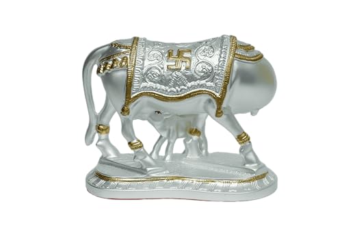 Image of Silver Plated Om Cow and Calf Idol | Kamadhenu with Calf on Engraved Base | Sacred Silver Cow Figurine for Pooja, Vastu & Gifting | Spiritual Home Decor | 15.3 x 9 x 12.3 cm