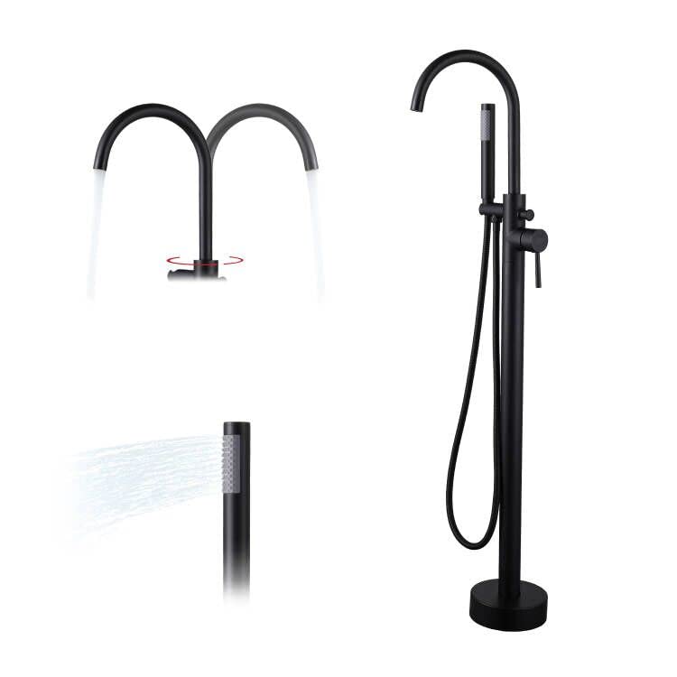 Freestanding Tub Faucet Floor Mount Bathtub Faucet Matte Black Brass Freestanding Tub Filler 1 Handle Tub Shower Faucet 360 Degree Swivel Bath Tub Spout with Hand Shower High Flow JIAENLEMA