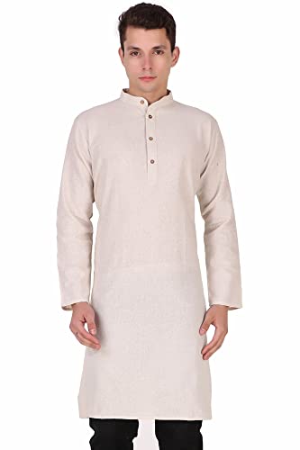 Image of Amazon Brand - Anarva Men's Handloom Cotton Solid Kurta Long Sleeves Straight Knee Length Long Shirt