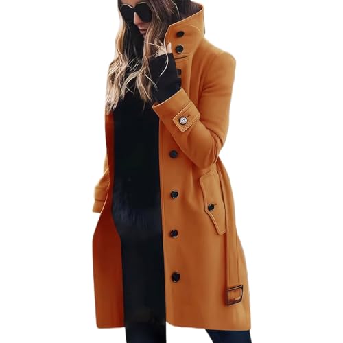 Wintermantel Damen Lang Wolle Damenmantel Elegant Wollmantel Winter Trenchcoat Stehkragen Winterjacke Warm Mantel Wintercoat Mit Knöpfen Tweed Jacke Frauen Einfarbig Outwear...