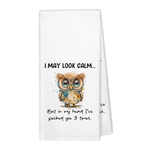Product Image of the XBBMGG Funny Owl Kitchen Towels, Owl Decor Dish Hand Tea Towels, Owls Gifts for Women Decorative Towel for Bathroom Kitchen, I May Look Calm Housewarming Bar Bathroom Decor, 16x24 Inch