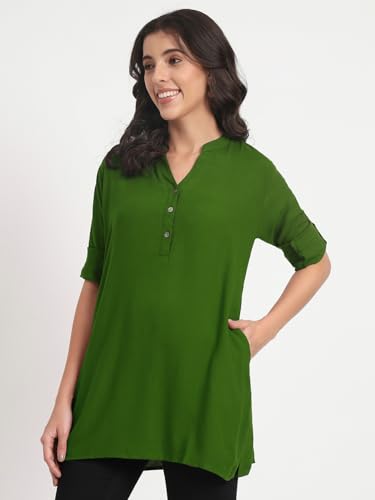 Image of Women's Roll-Up Sleeve Tunic Top, V-Neck with Button Front, Side Pockets, Rayon Short Kurti