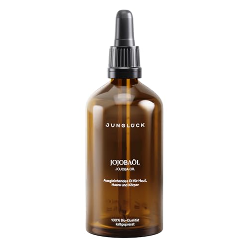 JUNGLÜCK Jojobaöl Bio Kaltgepresst - 100% Bio, Rein & Natürlich - Jojoba Oil für gesunde Haare, schöne Haut und kräftige Nägel - Naturreines Gesichtsöl und Körperöl für ein ebenmäßigeres Hautbild