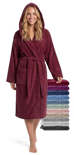 jazzylab Peignoir Femme Mi-Long avec Capuche, 100% CotonÉponge380g/m², Bordeaux, S-M