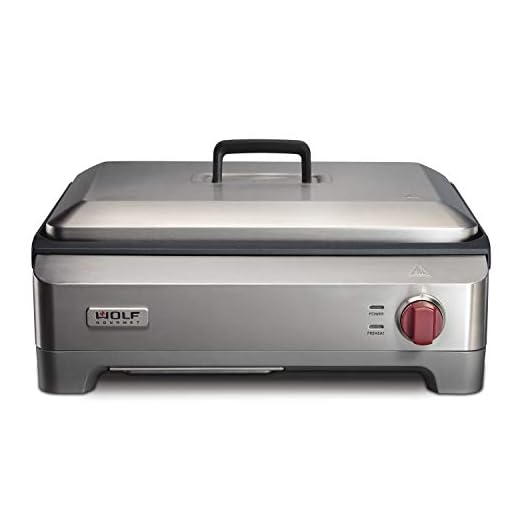 Wolf Gourmet Precision Electric Griddle, Indoor Grill, 200 sq. in, Nonstick Coating, Advanced Temperature Control, Stainless Steel, Red Knob (WGGR100S)