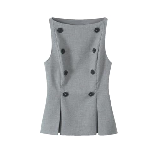 Women's Sleeveless Double Breasted Waist Cinched Pleated Vest Solid Color Casual Office Vest