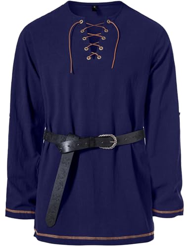 Image of JEMITOP Men's Pure Cotton Vintage Lace Up Shirts for Pirate Renaissance Viking Medieval Costume Without Belt