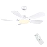 Newday 42 White Ceiling Fan with Remote Control, Dimmable LED, Reversible 5 Blades, Quiet DC Motor, 6 Speeds, Memory Function for Bedroom, Living Room, Patio