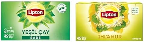 Lipton Sade Bardak Süzen Poşet Yeşil Çay 20'li Paket, 30 g ve Lipton Ihlamur Bardak Süzen Poşet Bitki Çayı 20'li Paket, 32 g