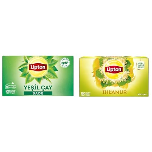 Lipton Sade Bardak Süzen Poşet Yeşil Çay 20'li Paket, 30 g ve Lipton Ihlamur Bardak Süzen Poşet Bitki Çayı 20'li Paket, 32 g