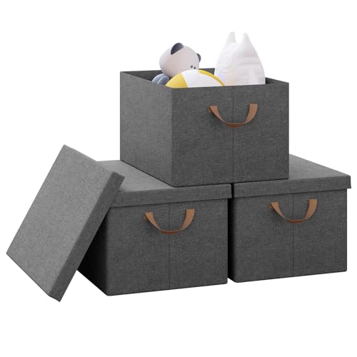 WOLTU Aufbewahrungsbox mit Deckel 3 Stück, mit Griffen, Grau, 43x33x26cm – Ansicht 1
