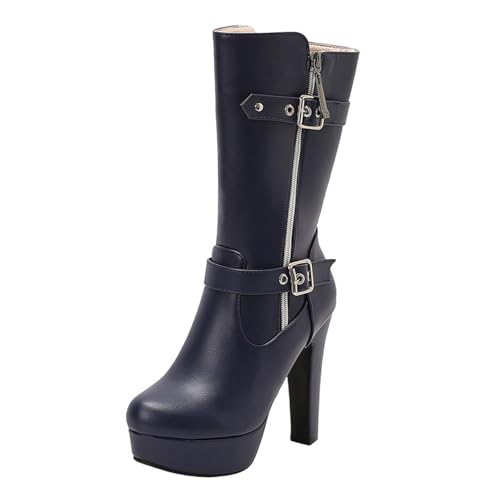 Bottes d'hiver mi-mollet pour femme avec boucle de ceinture et talon épais