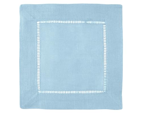 CleverDelights Light Blue Hemstitch 6" Cocktail Napkins - 12 Pack - 55/45 Linen Cotton Blend
