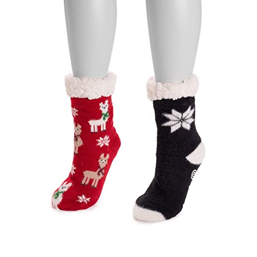 Muk Luks Women's Cabin Cozy Sock, 2 Pair, Red Llama, Black Star