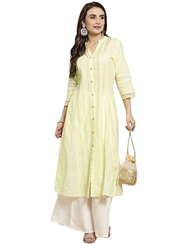 Image of Juniper Yellow Cotton Dobby Printed A-Line Kurta with Mask