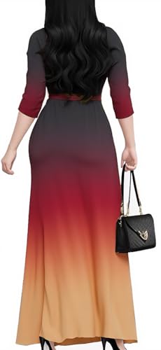 Image of Women's Church Maxi Wrap V Neck 3 /4 Sleeve Tie Waist Plus Size Long Dress | Flattering wrap V-neck design enhances curves. High elastic tie waist accentuates the slimmest part, hides tummy.