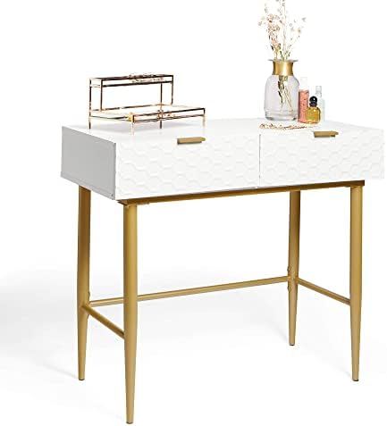 BTFY White Dressing Table for Bedroom - Honeycomb Design Vanity Desk with Drawers - Make Up Desk with Glossy Lacquer Finish - Geometric Console Table, Gold Legs & Handles - For Home Office