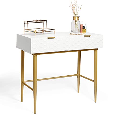 BTFY White Dressing Table for Bedroom - Honeycomb Design Vanity Desk with Drawers - Make Up Desk with Glossy Lacquer Finish - Geometric Console Table, Gold Legs & Handles - For Home Office