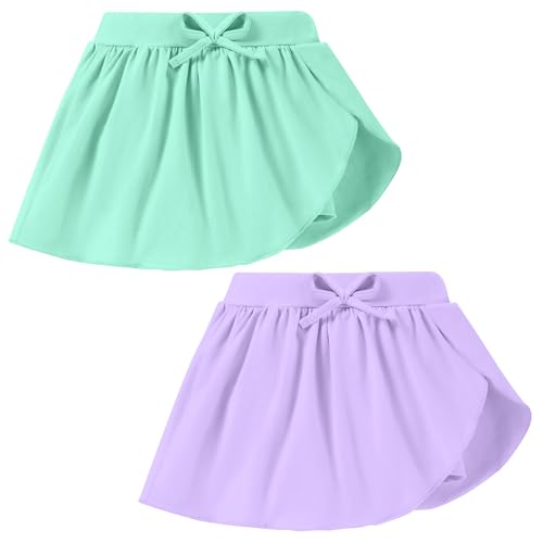 NARPLO 2 Pack Toddler Girls Skirts Skorts Built in Shorts Elastic Flared Baby Flowy Tennis Athletic Skirts Skorts for Girls Green/Purple