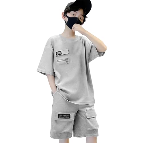 Amur Leopard Garçon Ensemble de Sport Été Costume 2pcs T-Shirt à Manches Courtes + Shorts Survêtement Enfant Décontracté Respirant, Gris, 170/14-15 Ans