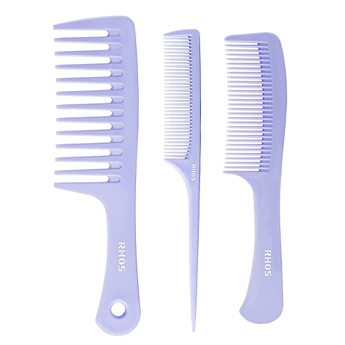 RHOS Hair Comb Set for All Hair Types and Genders – Wide, Fine Rat Tail, and Medium Detangling Combs for Styling (Purple)
