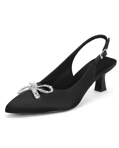 Coutgo Womens Kitten Heels Satin Pumps Slingback Pointed Toe Rhinestone Bow Wedding Dress Shoes...