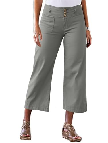 Flamingals Wide Leg Cropped Pants for Women Trendy Mid Rise Button Fly Barrel Jeans Stretchy Casual Ankle Pants2