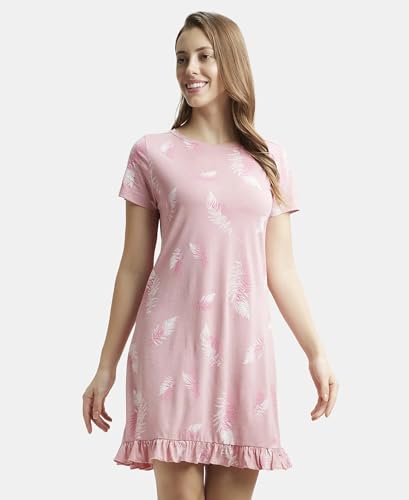 Image of Jockey RX25 Women Micro Modal Cotton Ruffled Hem Styled Half Sleeve Printed Sleep Dress (Colors & Prints May Vary)