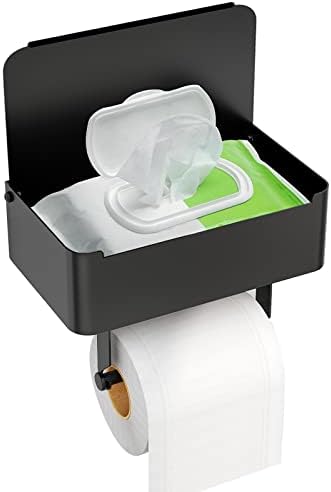 JUYSON Toilet Paper Holder with Shelf, Flushable Wipes Dispenser Fits for Bathroom Wipe Storage, Keep Your Wipes Hidden Out of Sight - SUS304 Stainless Steel Wall Mount Organizer ( Matte Black )