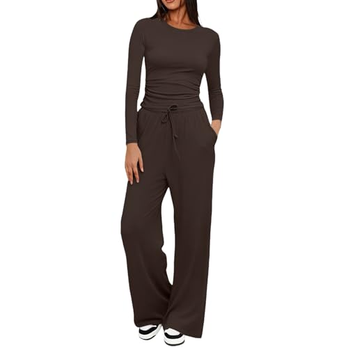 Image of Womens 2 Piece Tracksuit Summer Lounge wear Sets Long Sleeve Tops and High Elastic Waisted Wide Leg Trousers with Drawstring Casual Tracksuit Womens Full Set with Pockets Coffee L