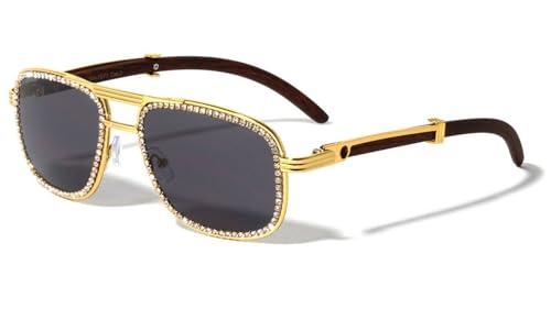 Dweebzilla Executive Aviator Metal & Faux Wood Buffs Sunglasses - Full Rim with Rhinestone Frames