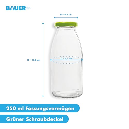 Foto von Flaschenbauer - 24 Leere Glasflaschen 250 ml in Weiß mit Schraubverschluss TO43, 0,25 l – Zum Selbstbefüllen von Milchflaschen, Saftflaschen, Smoothie-Flaschen (Hellgrün), inklusive Etiketten